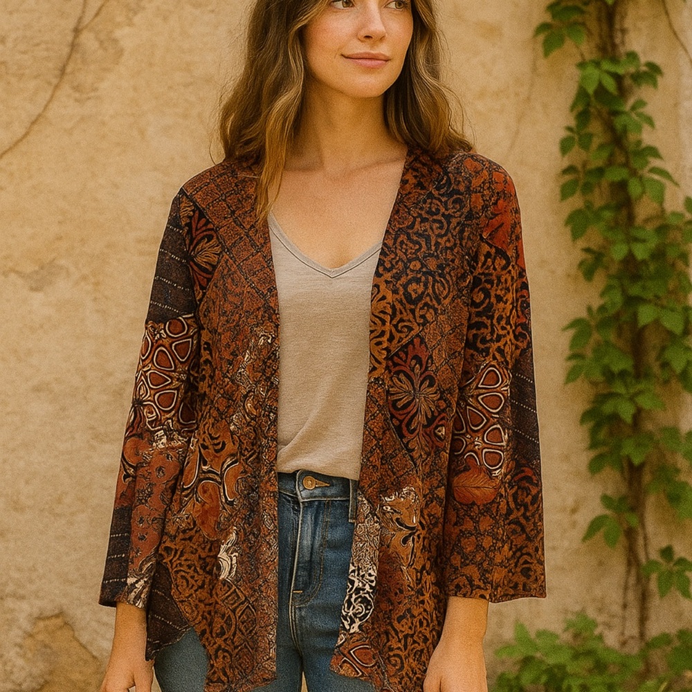 Earthbound Multicolor Patchwork Fringe Detail Kim… - image 1